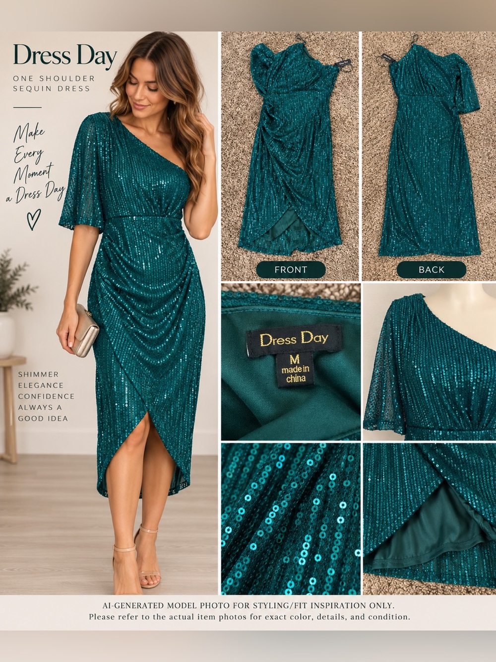 Dress Day Teal One-Shoulder Sequin Asymmetrical Dress